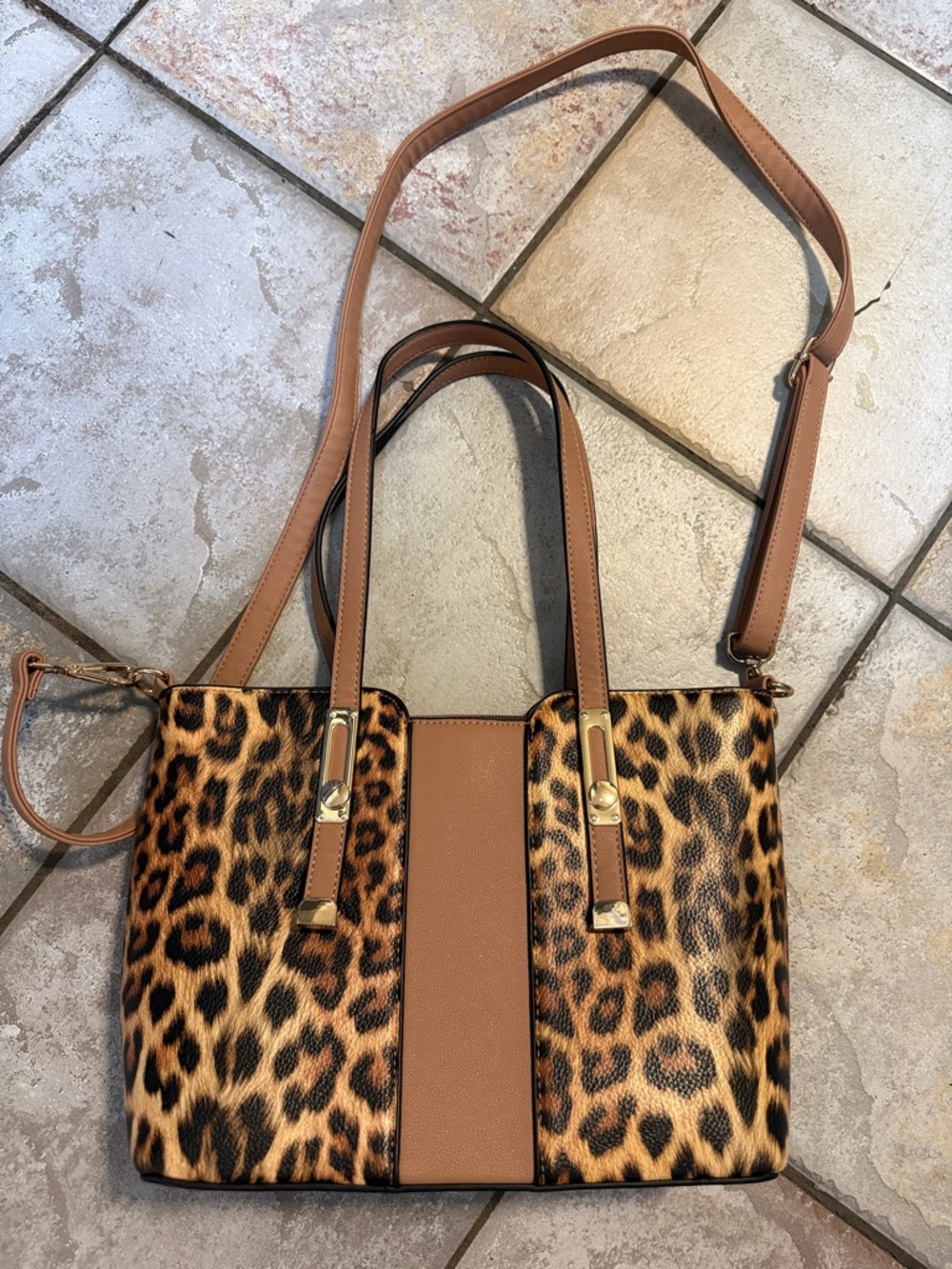 Leopard Print Brown Tote Bag with Gold Accents